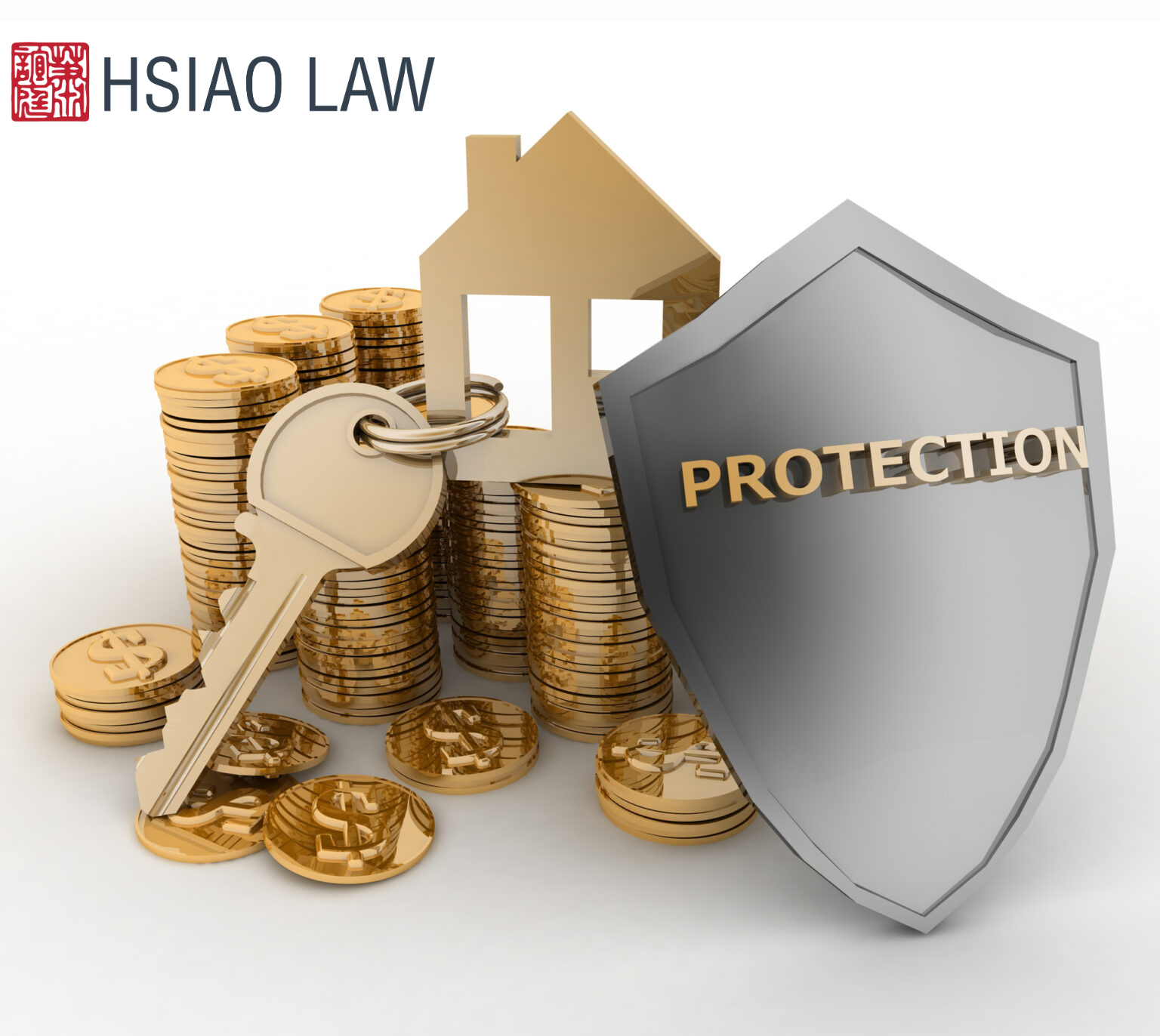 A photo of a shield with a word "protection" & gold coins, keys & a house at the back of the shield which best describes assets protections